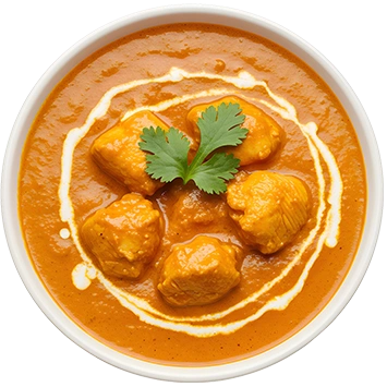 A creamy butter chicken garnished with fresh cilantro and a swirl of cream.